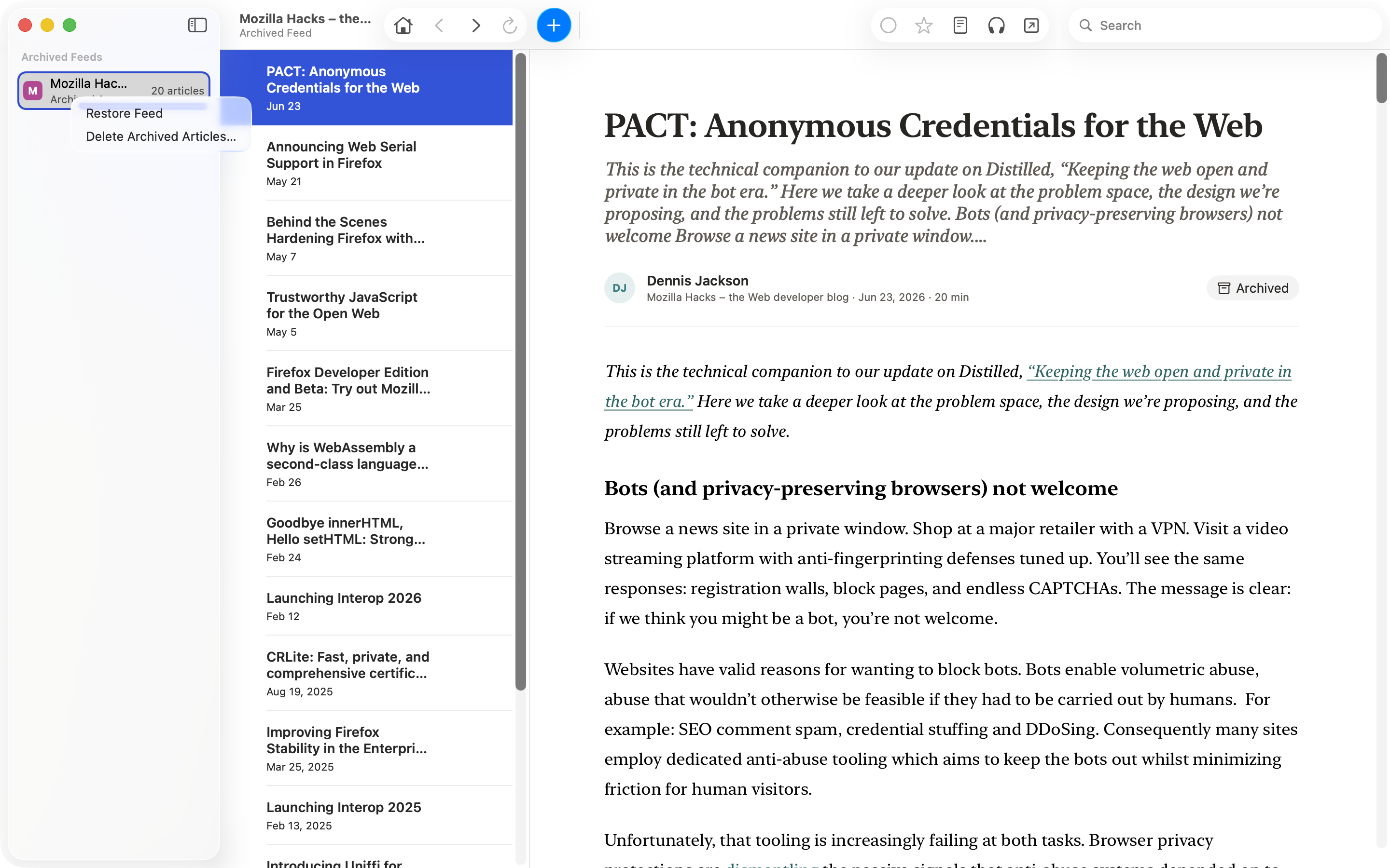 Cove’s sidebar with the Archived section selected, listing articles kept from a removed feed, restorable any time.
