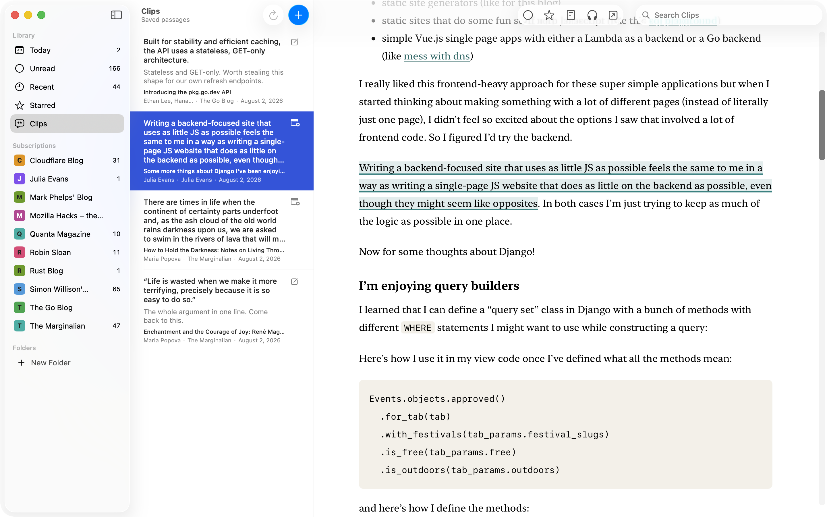 Cove’s Clips section selected in the sidebar, listing saved passages from several feeds with their source article, author, and date, two of them carrying a note, and the reading pane showing the selected clip’s article scrolled to the highlighted passage.