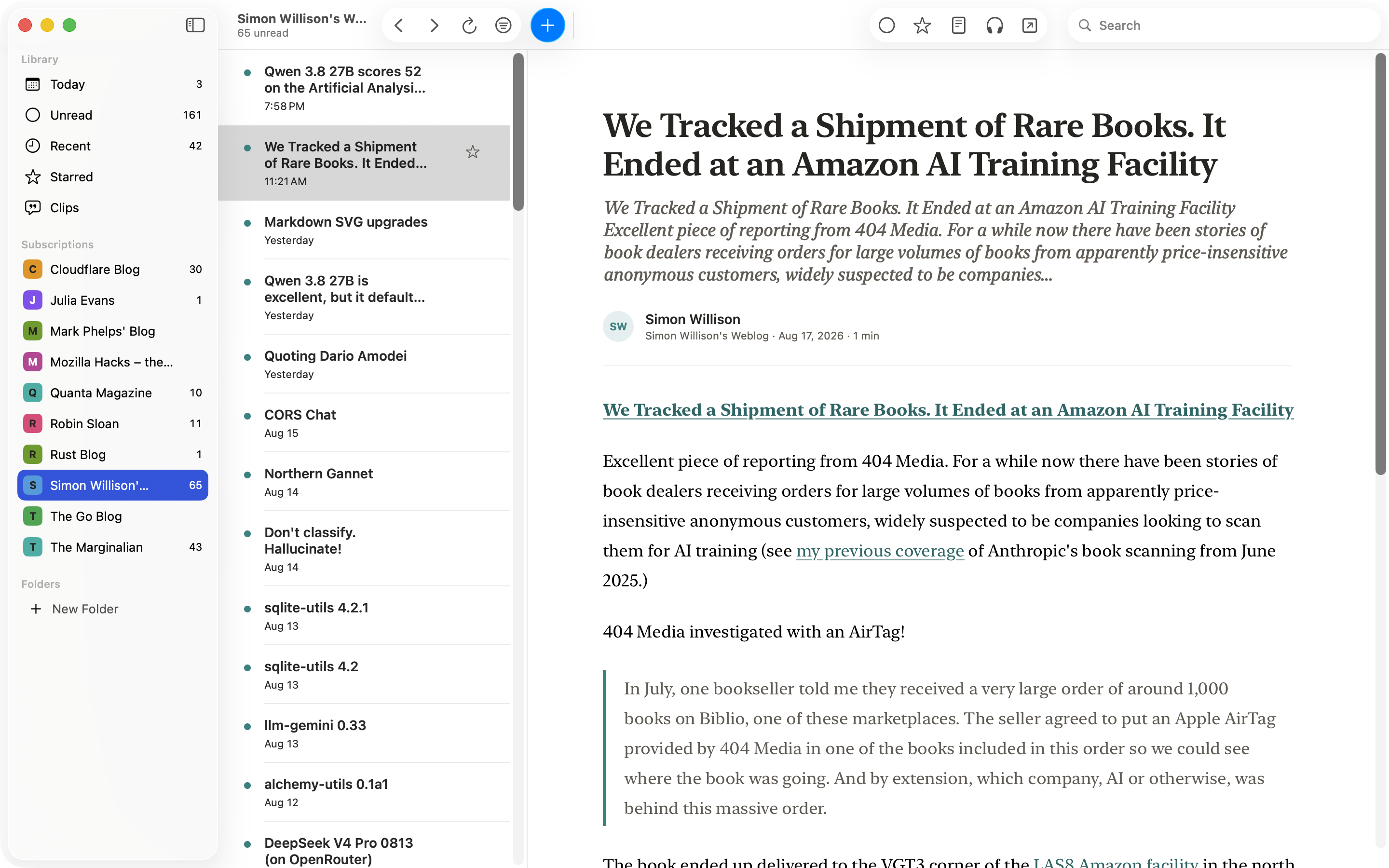Cove’s three-pane reader in light mode: a sidebar of feeds and folders, an article list, and a full article open in the reading pane of one native macOS window.