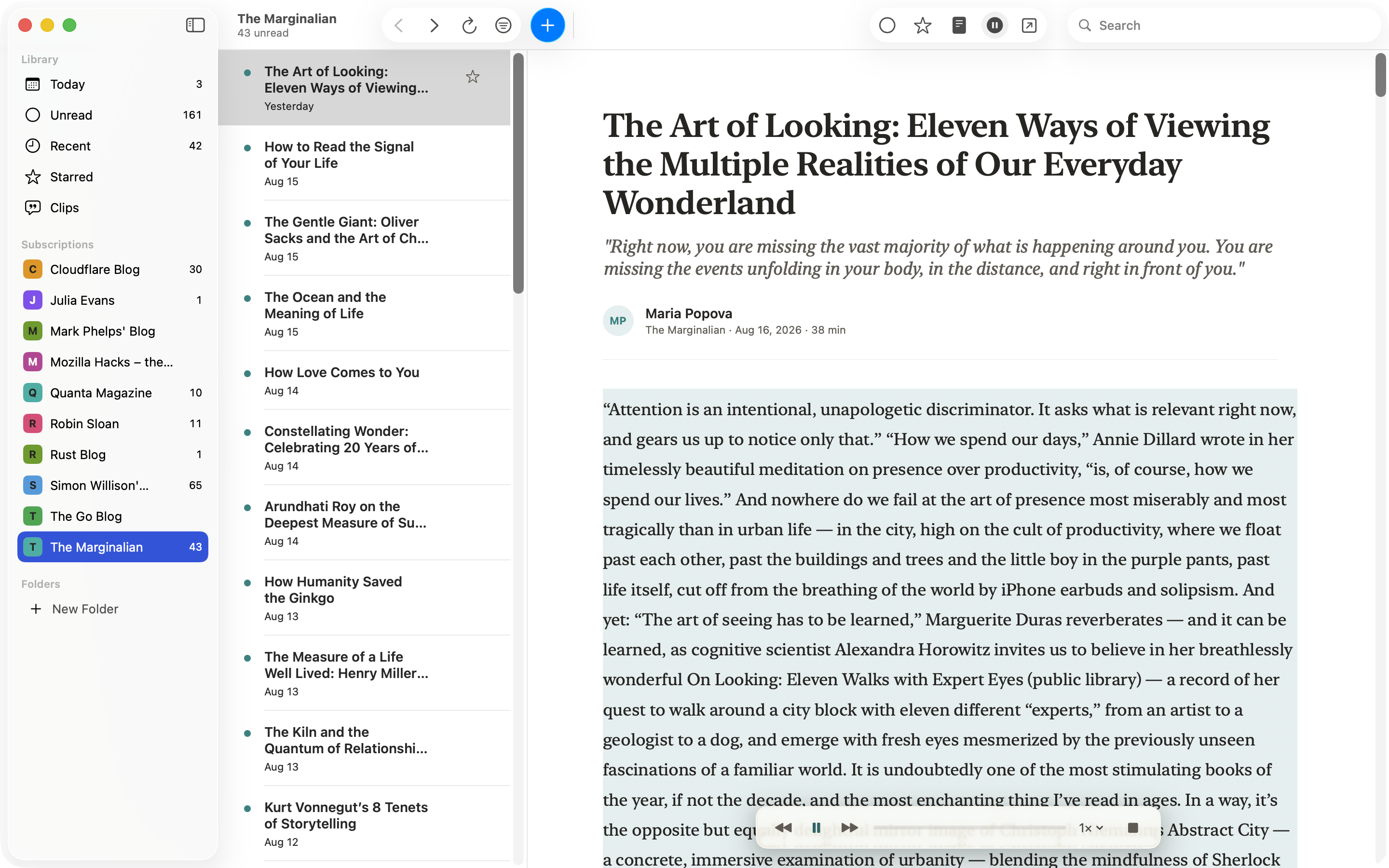 An article open in Cove and being narrated aloud: the paragraph being read is highlighted, and a compact playback bar with pause, skip, speed, and progress floats over the reading pane.