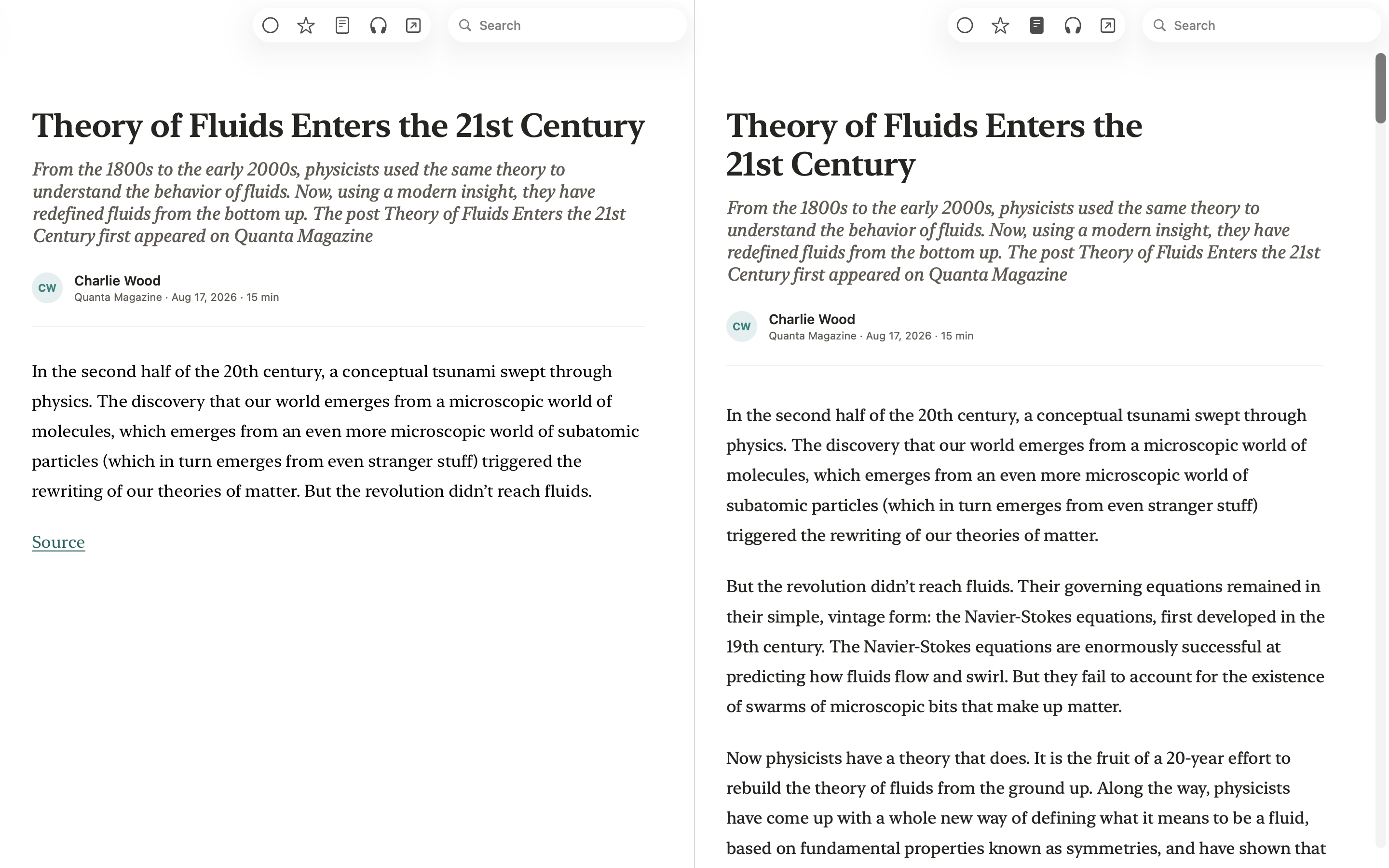 Two views of the same article side by side: the feed’s short excerpt on one side, and the full article in Cove’s Reader View on the other.