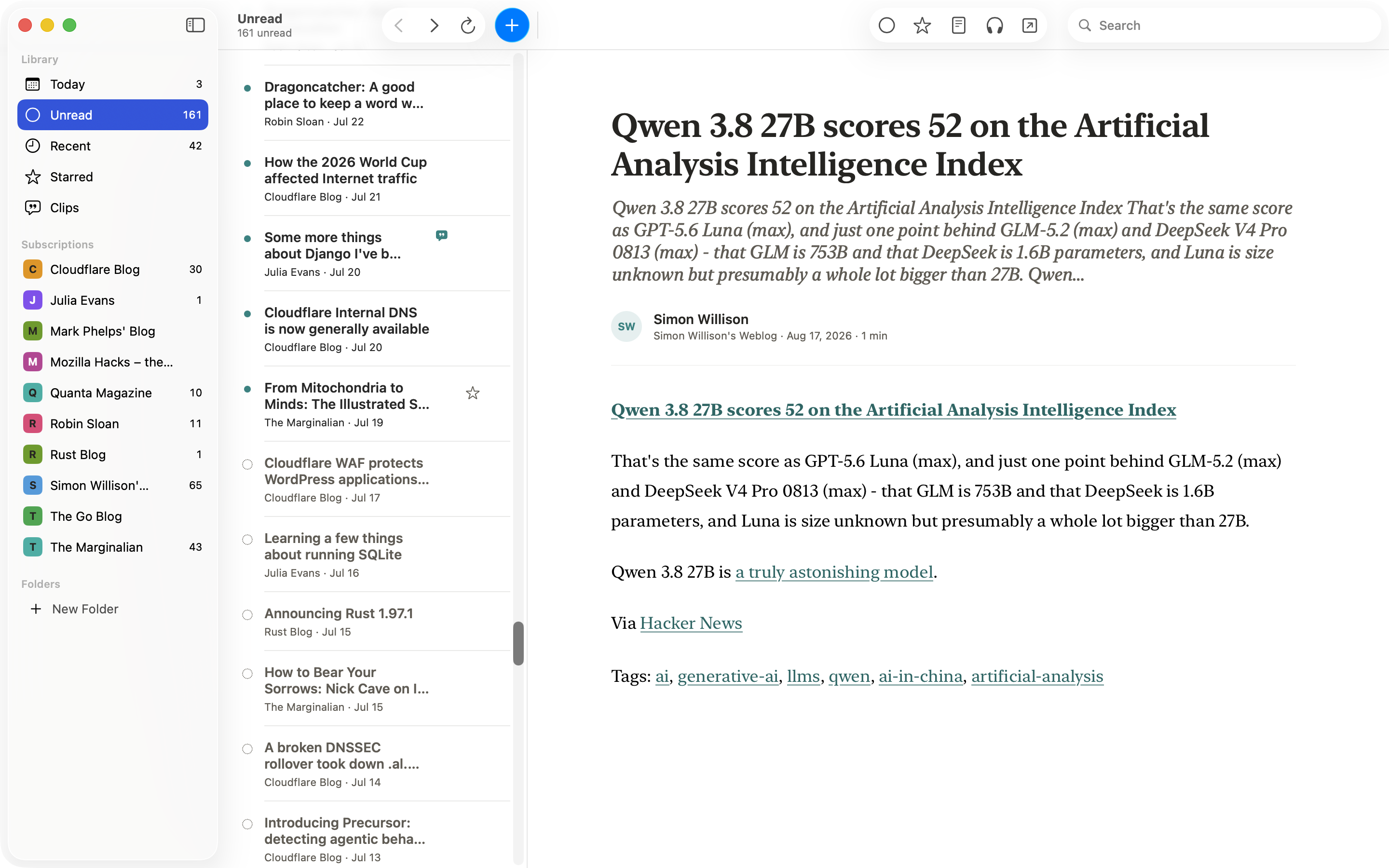 Cove’s Unread list with older set-aside articles sitting in their own place in the timeline, each marked with an open dotted circle beside its title, among ordinary unread rows.